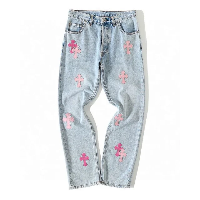 Chrome Hearts Blue Jeans With Pink Crosses